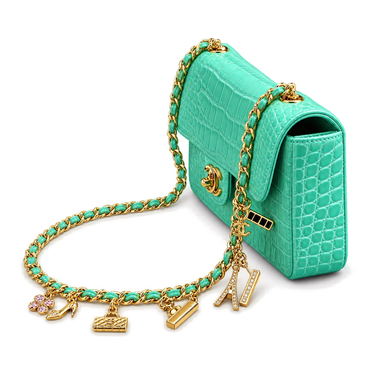 Chanel Aqua Turquoise Croc-Embossed Flap Bag | Pearl CC Turn-Lock & Letter Charm Chain