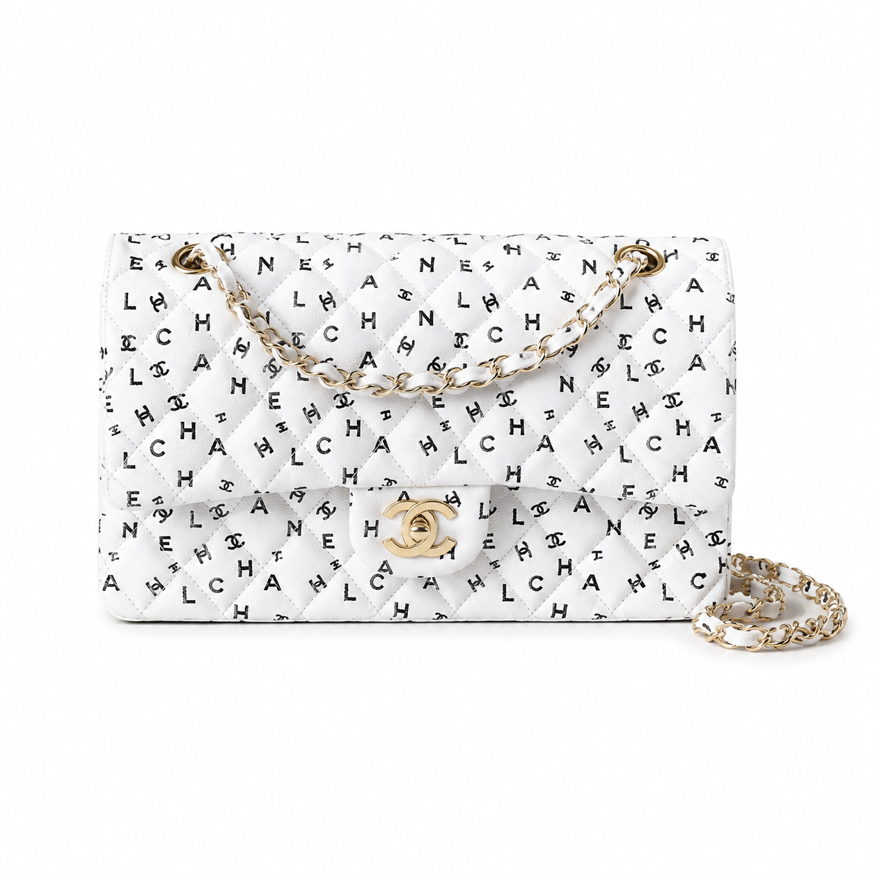 Chanel White Logo-Print Quilted Classic Double Flap Bag