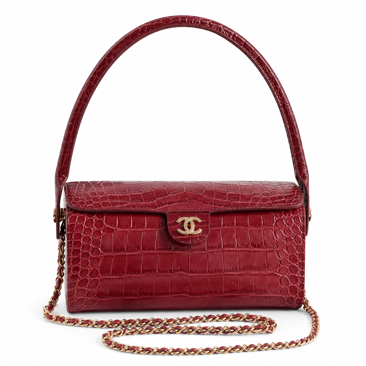 Chanel CC Croc-Embossed Cylindrical Flap Bag | Burgundy & Gold — 23cm