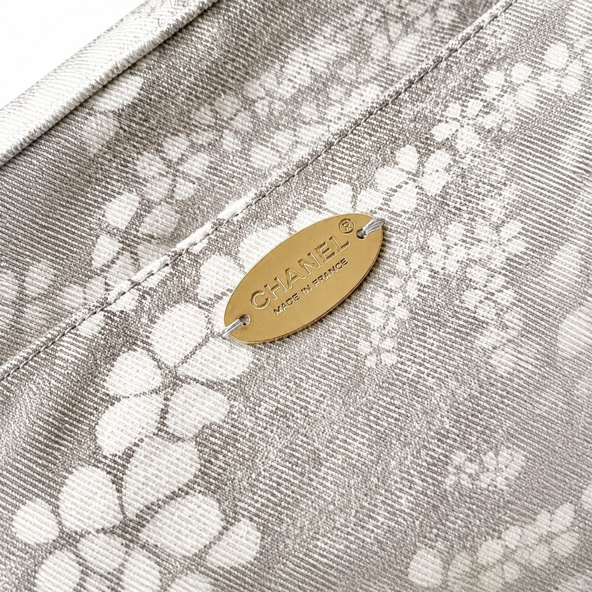 Chanel Grey & White Floral Jacquard Quilted Shopping Tote | Gold Oval Logo Plate, Silver Chain & Fabric Top Handle