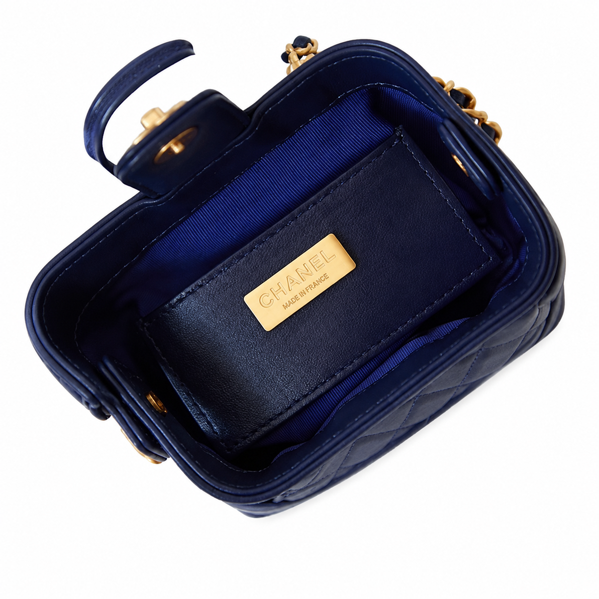 Chanel Mini Top Handle Box Bag | CC Turn-Lock Gold Chain Navy Blue — 9x13cm