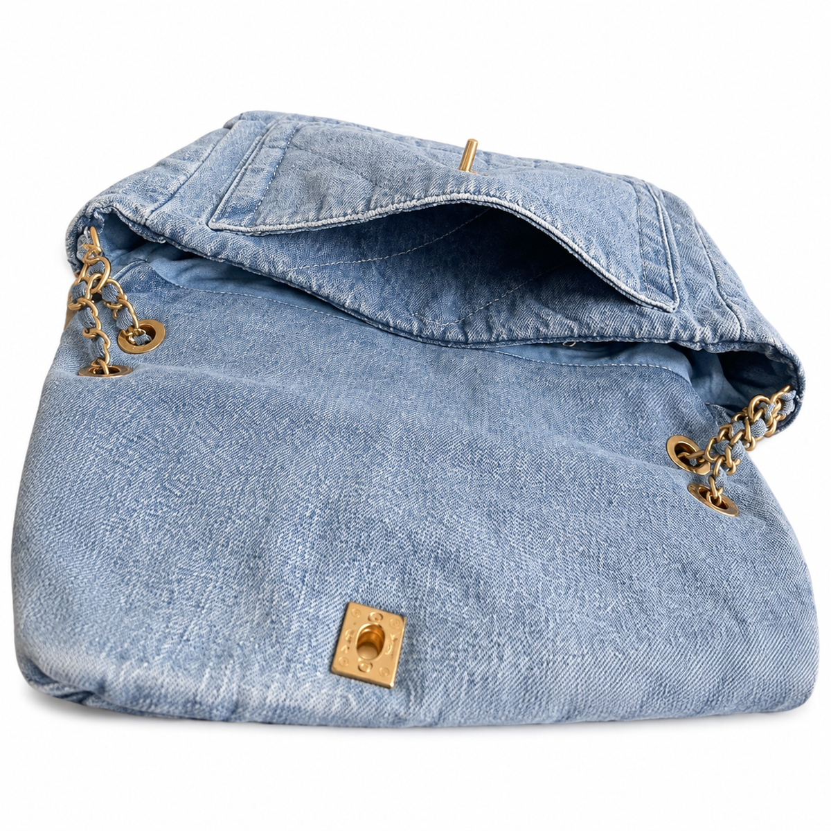 Chanel Denim Soft Hobo Tote | CC Charm Gold Double Chain Light Blue — 35x24cm