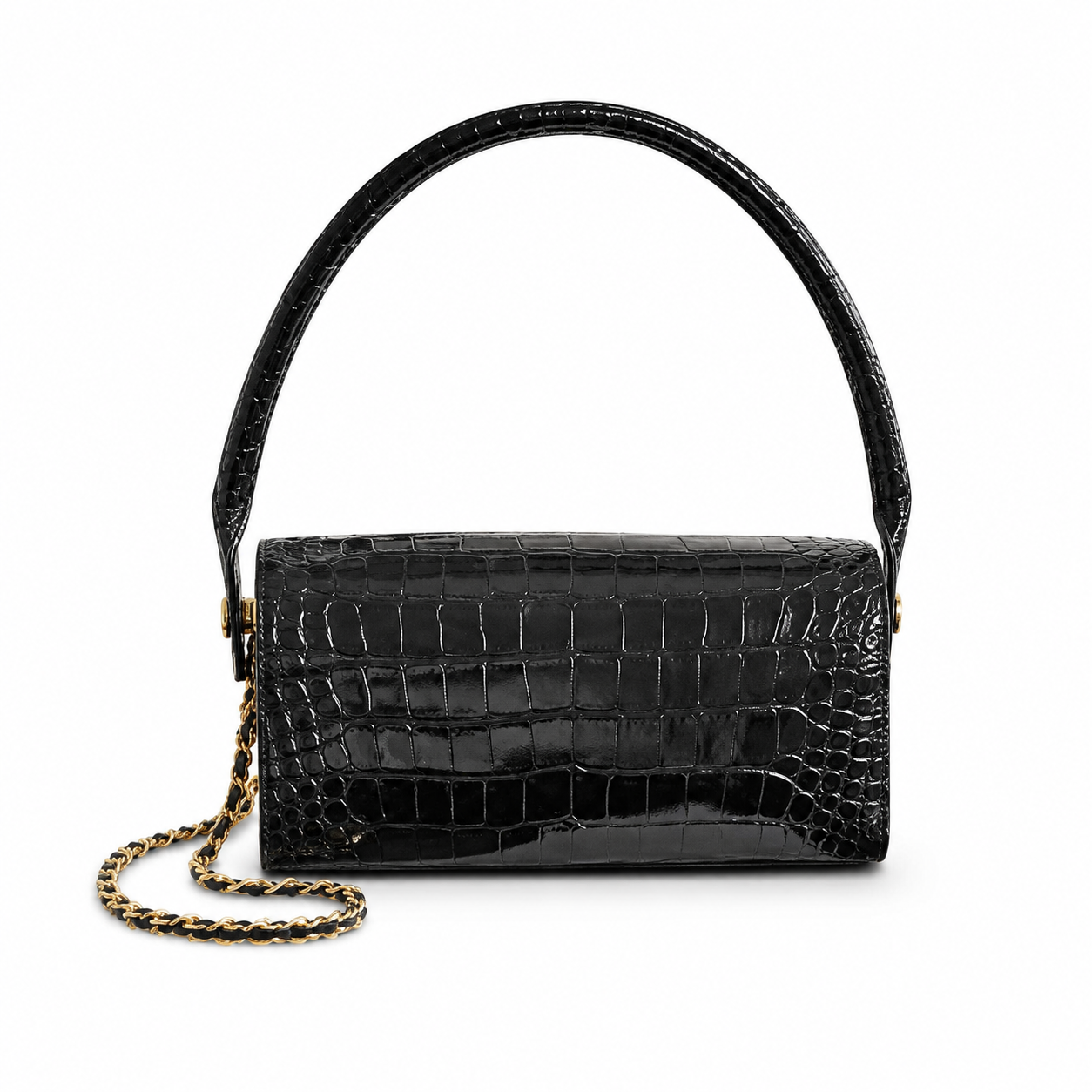 Chanel Black Croc-Embossed Patent Boxy Flap Bag | Arched Handle, Gold Turn-Lock & Chain