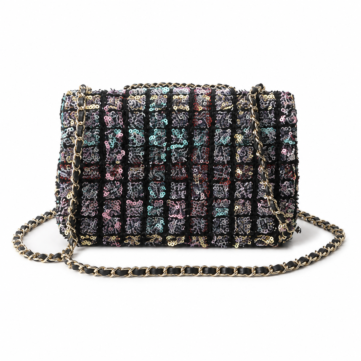 Chanel Multicolour Ring-Sequin Grid Flap Bag | Raised Black Velvet Framework, Stained-Glass Mosaic & Antique Gold CC