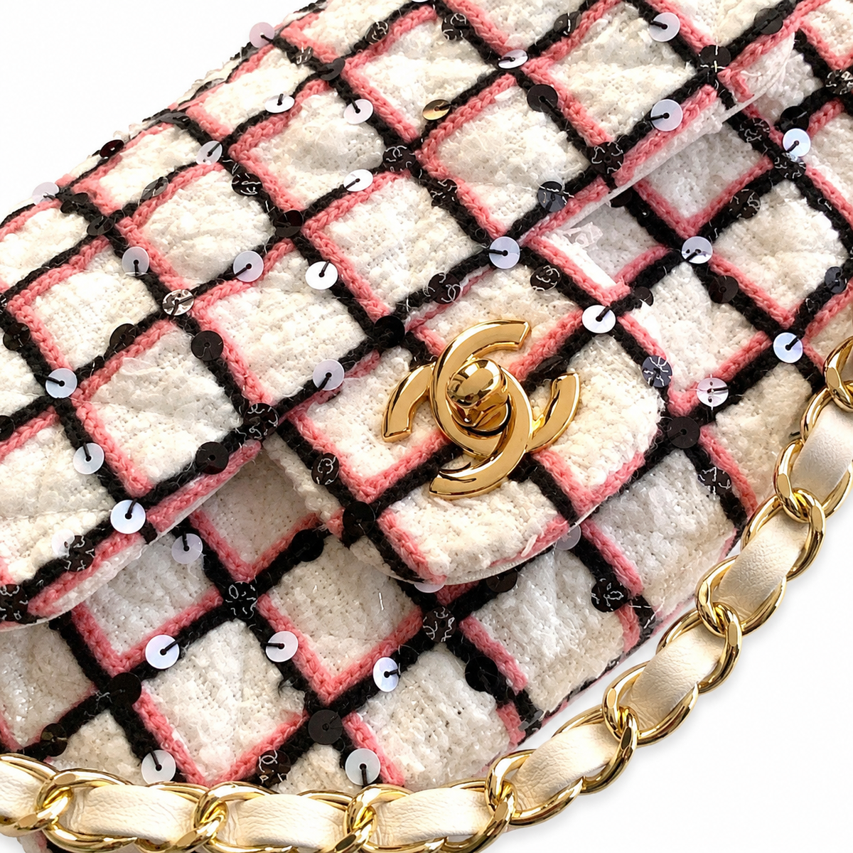 Chanel Tweed Crystal Flap Bag | Gold Chain Pink White Black — 20cm
