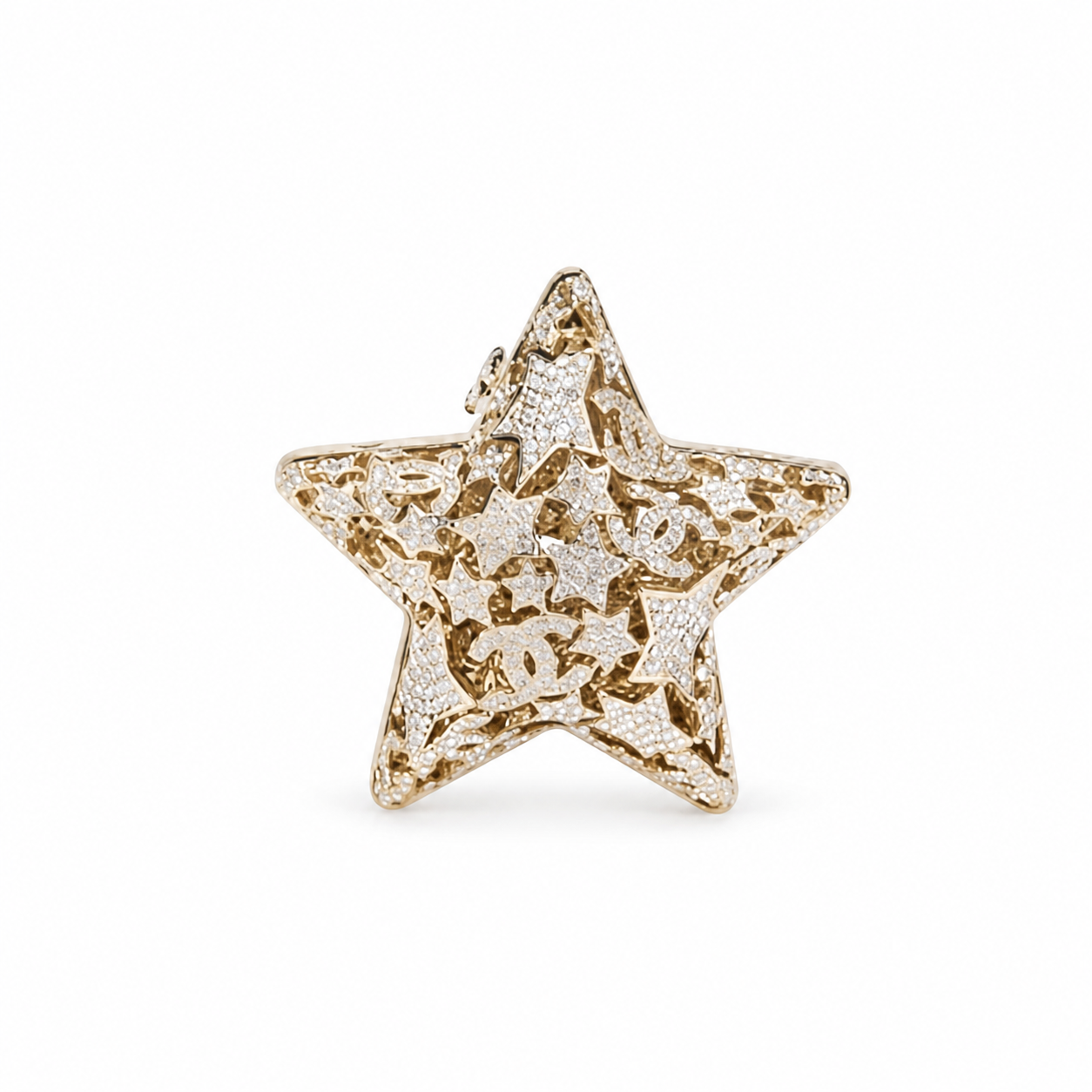 Chanel CC Pavé Crystal Star Minaudiere | Gold Filigree & Chain — 13cm