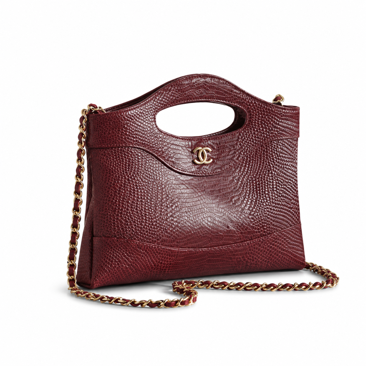 Chanel Burgundy Lizard-Embossed Leather Tote | Cut-Out Handle & Ruthenium Chain Strap