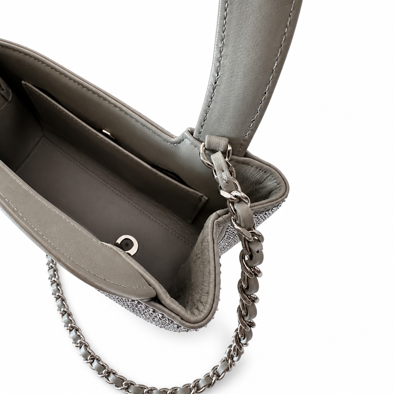Chanel Silver Crystal Mini Top-Handle Flap | Gold CC Turn-Lock & All-Chain Strap — 19cm