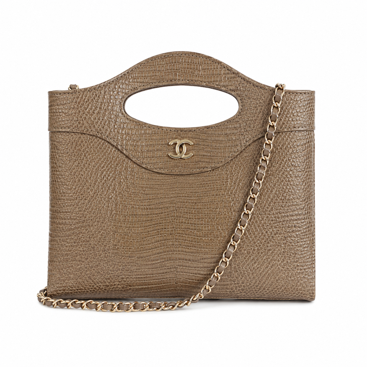 Chanel Olive Brown Lizard-Embossed Leather Tote | Cut-Out Handle, CC Logo & Gold Chain