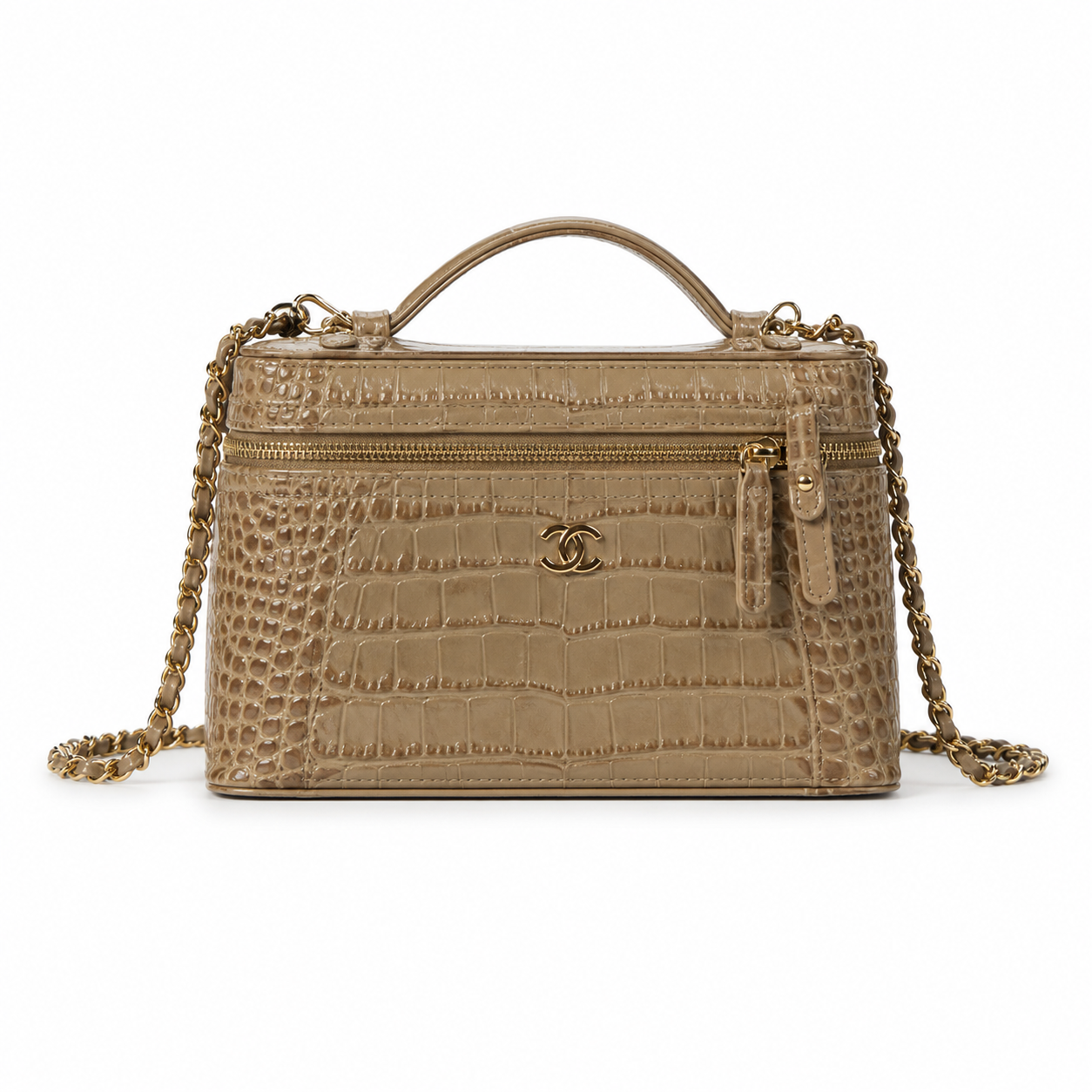 Chanel Taupe Croc-Embossed Structured Box Bag | Full-Width Front Zip & Antique Gold Chain