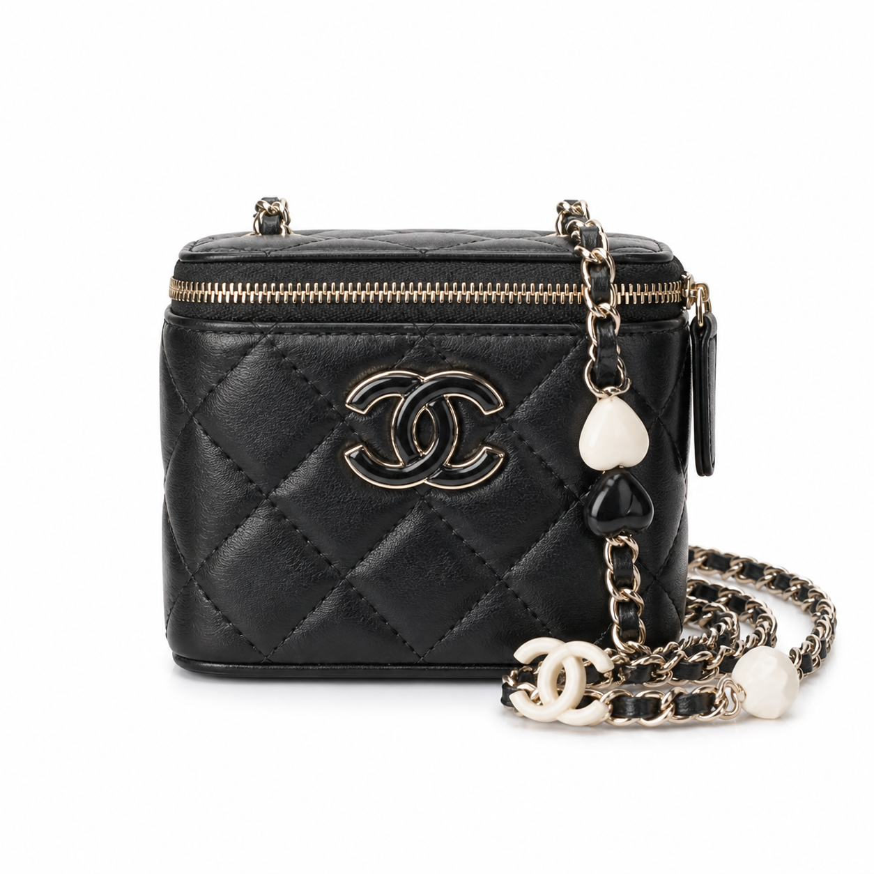 Chanel Quilted Vanity Case | Mirror Pearl Crystal Chain Silver CC Black — 11x8.5cm