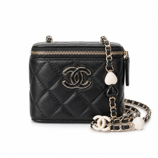 Chanel Quilted Vanity Case | Mirror Pearl Crystal Chain Silver CC Black — 11x8.5cm