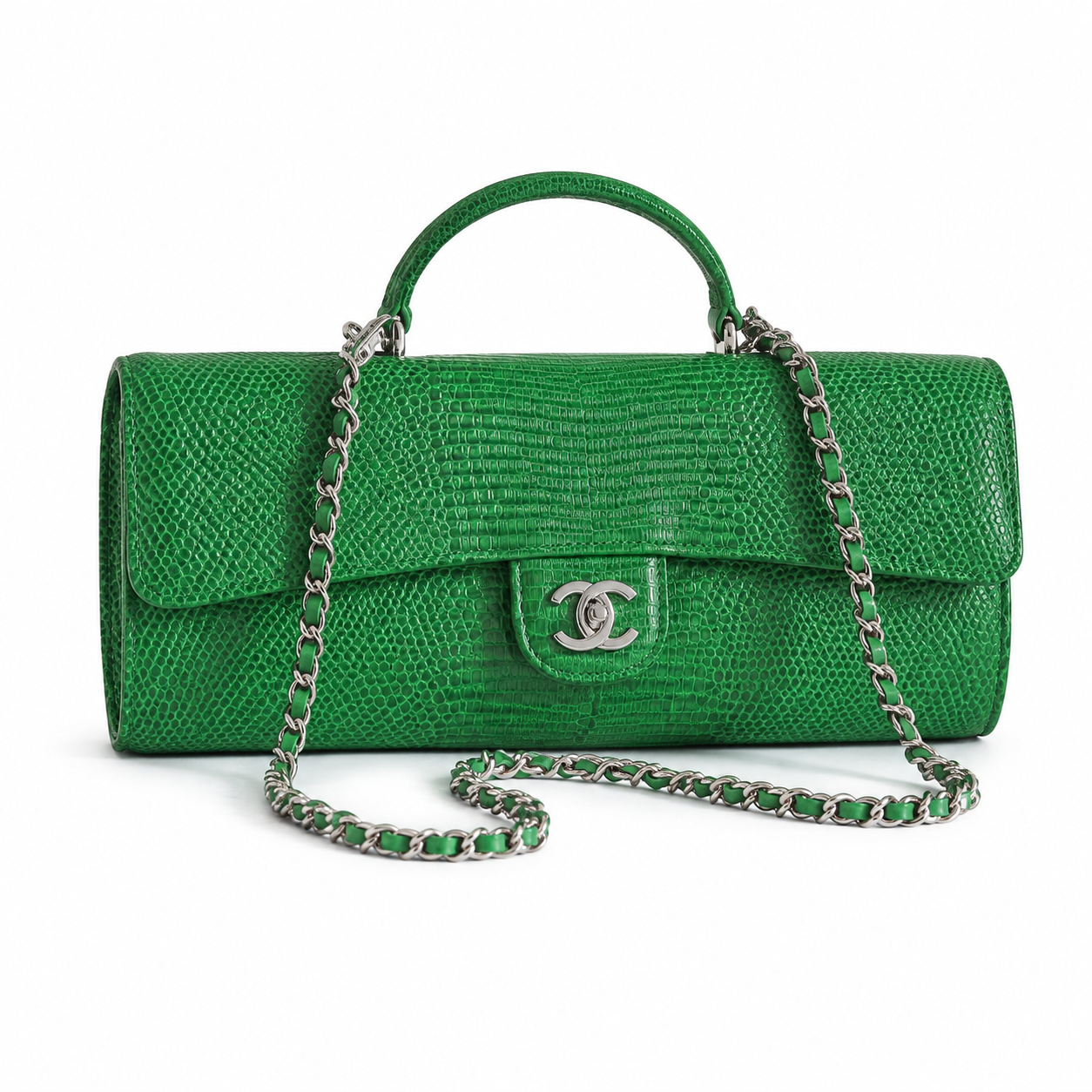 Chanel Emerald Green Lizard-Embossed Baguette Flap Bag | Top Handle & Tonal Silver Chain