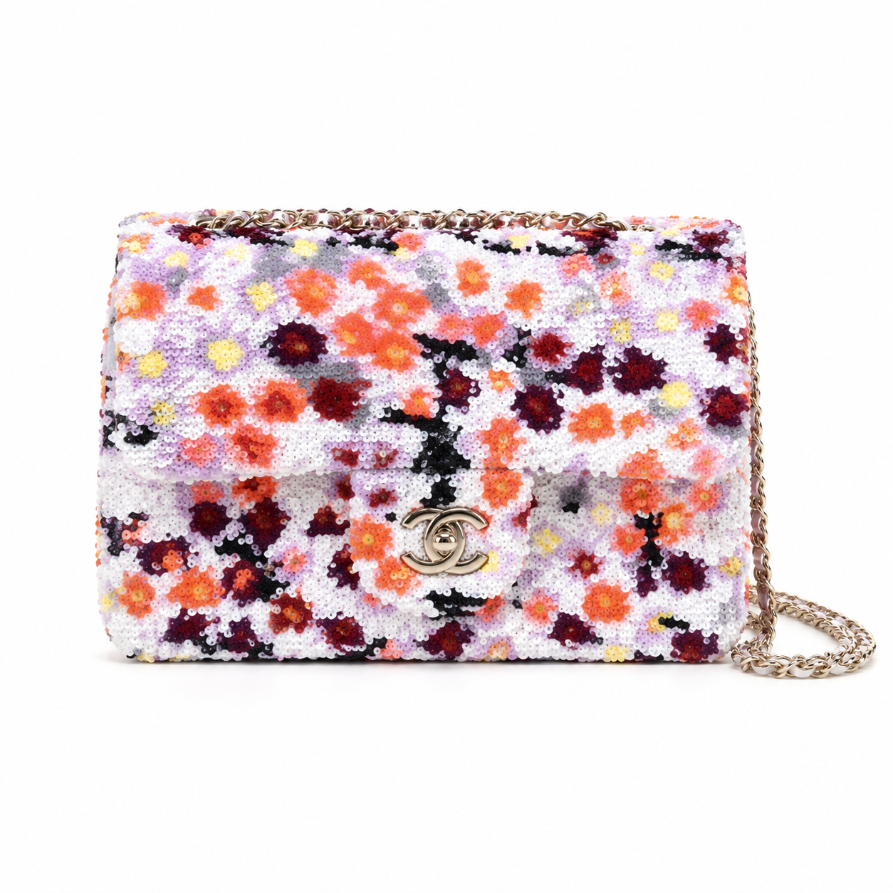 Chanel White Sequin Impressionist Floral Flap Bag | Coral, Pink & Lavender Clusters, Light Gold CC & White Leather Chain
