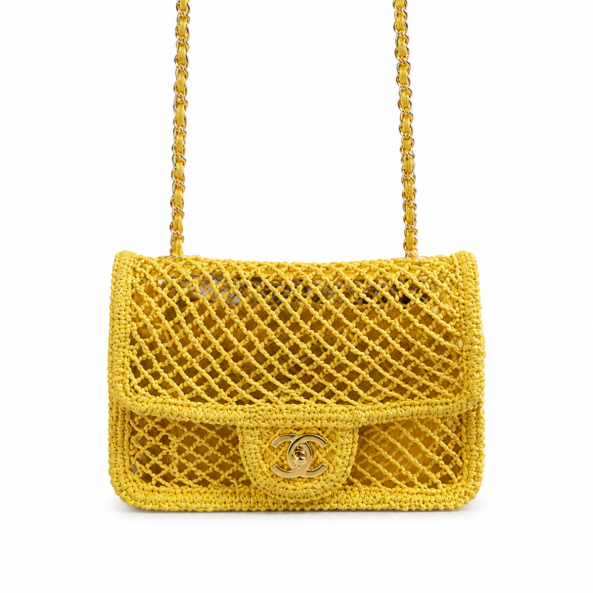 Chanel Sunshine Yellow Open-Weave Crochet Classic Double Flap | Gold CC — 21cm
