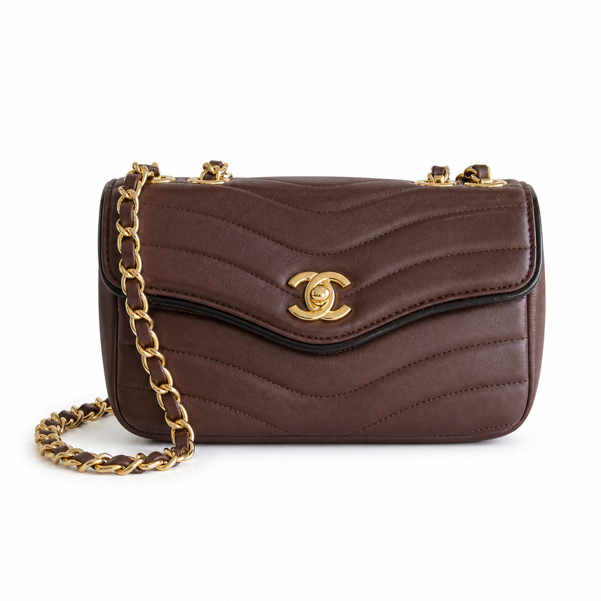 Chanel Wave-Quilted Mini Flap Dark Chocolate Lambskin | Gold CC & Black Flap Piping — 27cm
