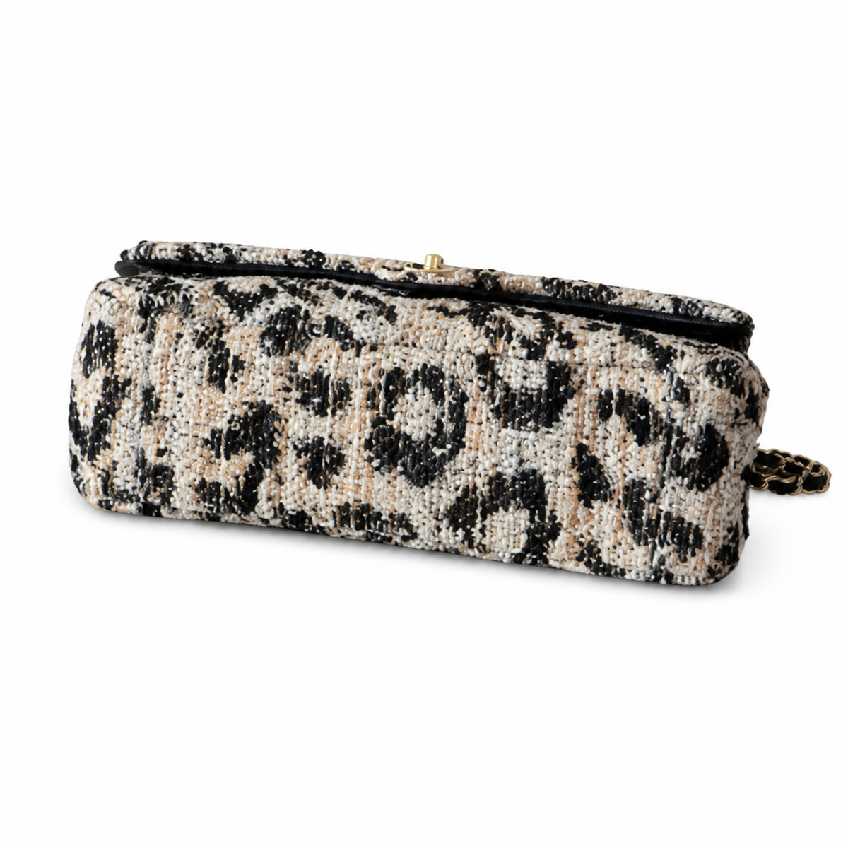 Chanel Classic Flap Bag Leopard Print Tweed Black Beige | Aged Gold CC — 32cm