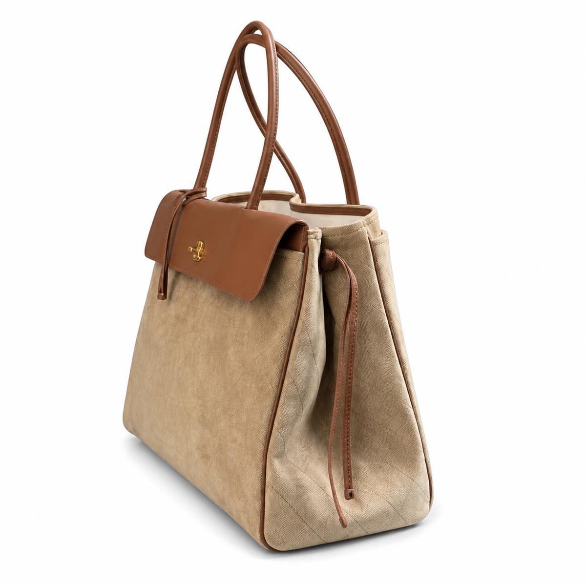 Chanel Large Tote Bag Natural Beige Quilted Canvas & Cognac Leather | Gold CC Turn-Lock — 42cm