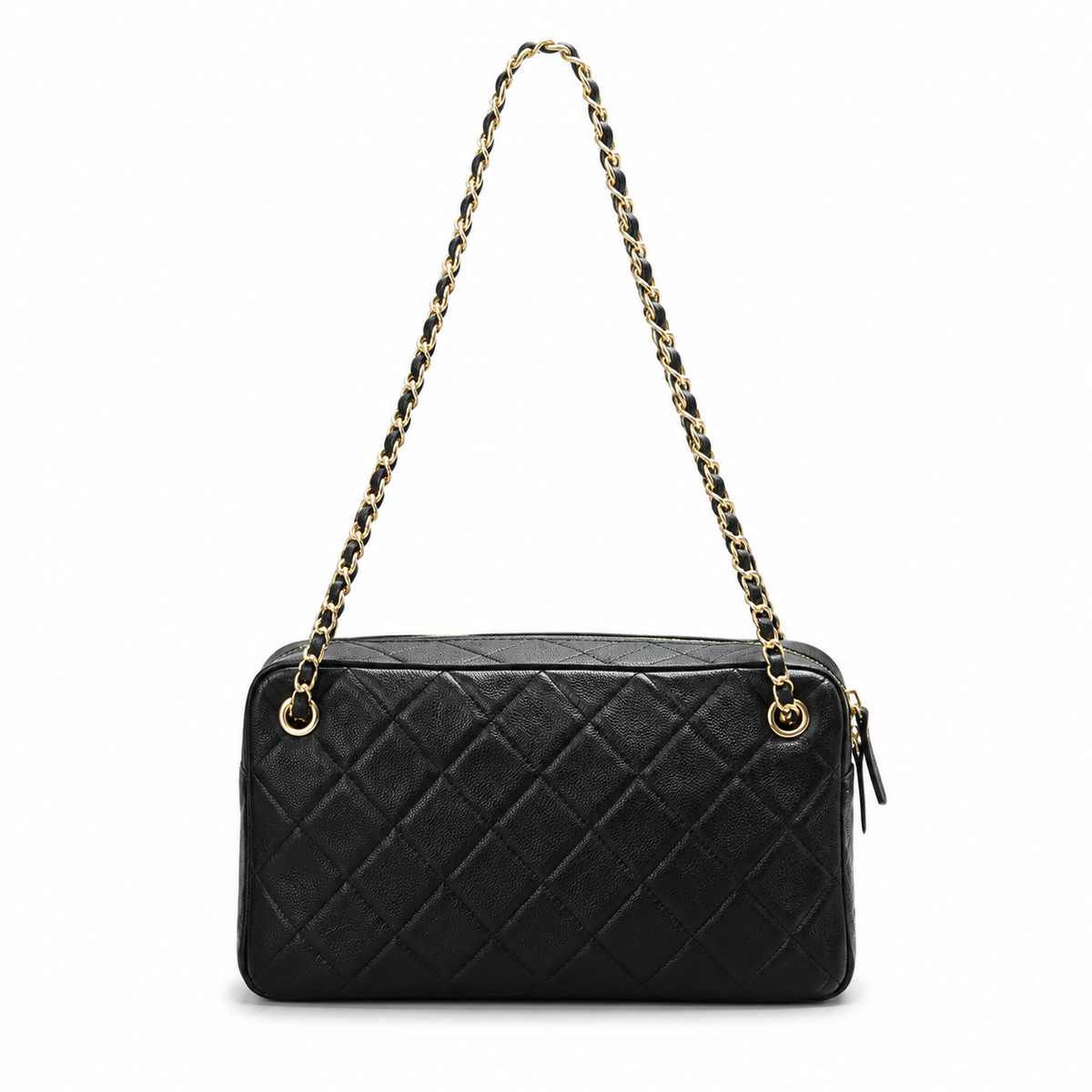 Chanel Black Lambskin Quilted Camera Bag | CC Turn-Lock Lid, Top Zip & Leather-Woven Chain