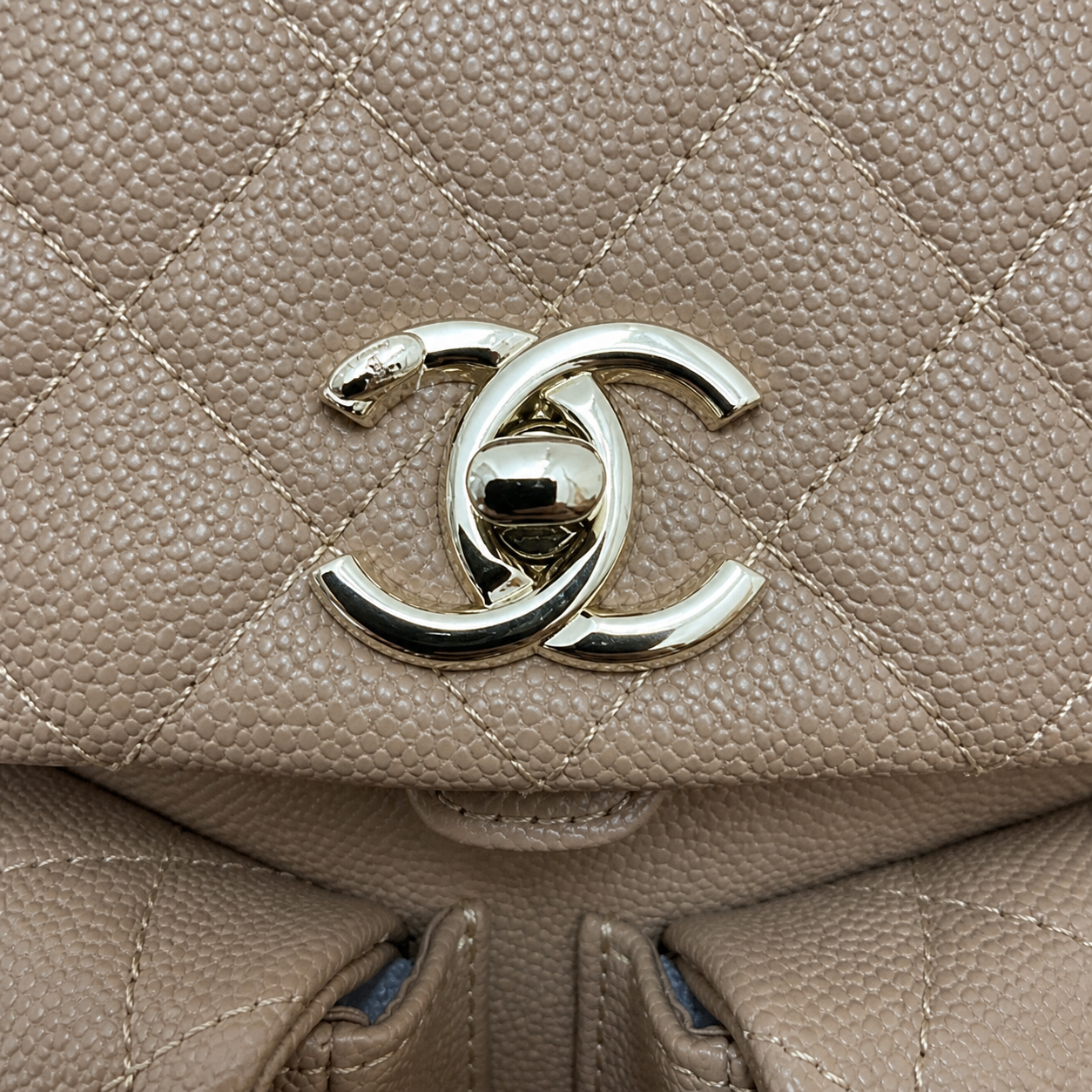 Chanel Duma Suede Quilted Backpack | CC Turn-Lock Gold Chain Camel Beige — 20.5x20cm