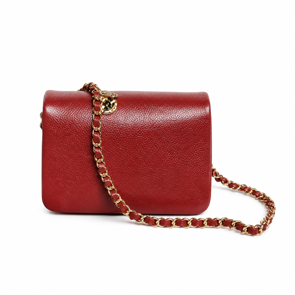 Chanel Mini Flap Bag Red Caviar Leather | Aged Gold CC & Red Chain — 17.5cm