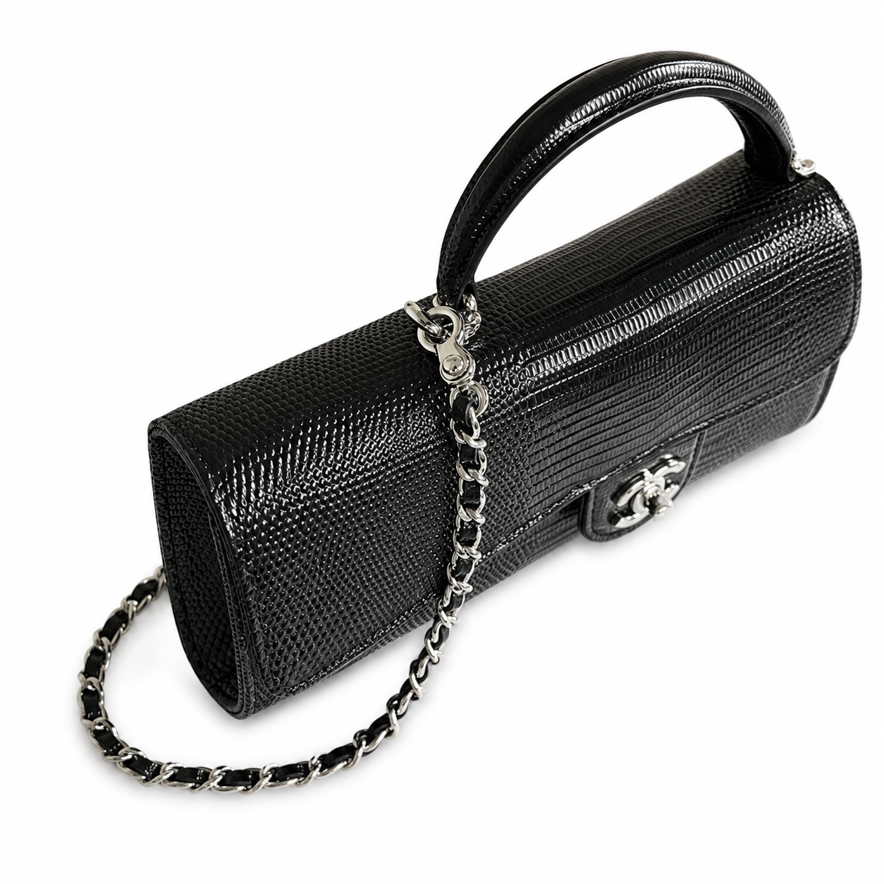 Chanel Black Lizard-Embossed Baguette Flap Bag | Top Handle & Silver Chain