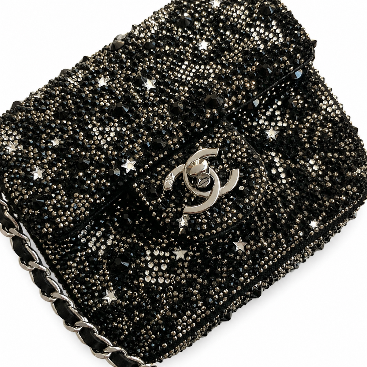 Chanel Crystal Star Flap Bag | CC Turn-Lock Silver Chain Black — 20cm