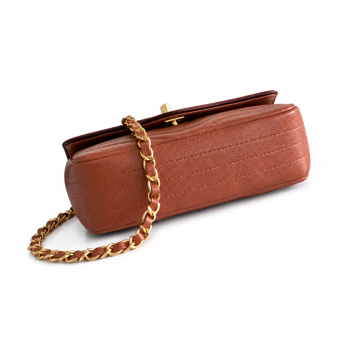 Chanel Wave-Quilted Mini Flap Cognac Lambskin | Gold Push-Lock & Burgundy Interior — 27cm