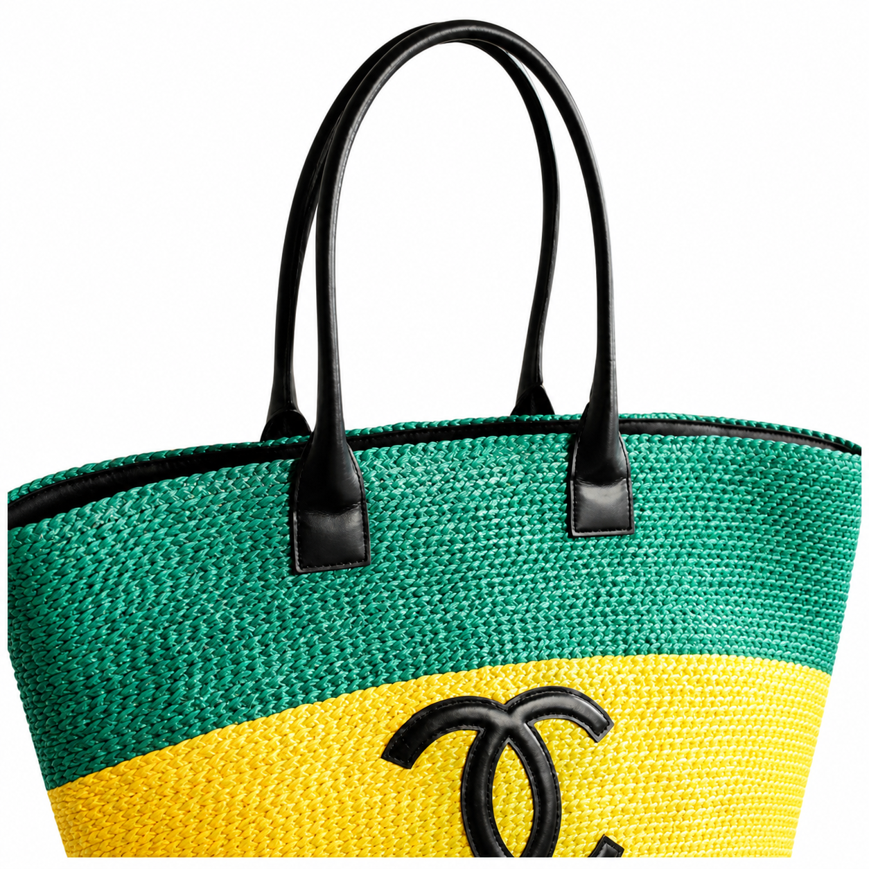 Chanel Green, Yellow & Navy Raffia Market Tote | Black CC & Leather Handles — 58cm