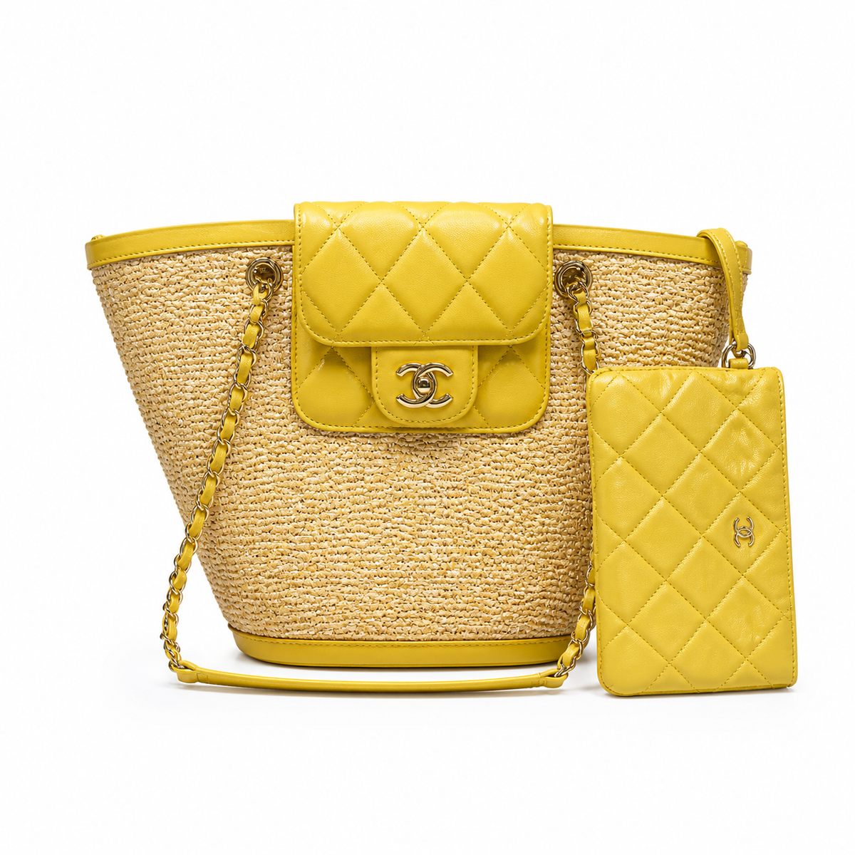 Chanel Raffia Basket Bag & Detachable Mini Flap Set Sunshine Yellow Lambskin | Gold CC — 41cm