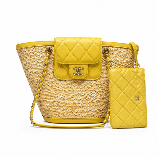 Chanel Raffia Basket Bag & Detachable Mini Flap Set Sunshine Yellow Lambskin | Gold CC — 41cm
