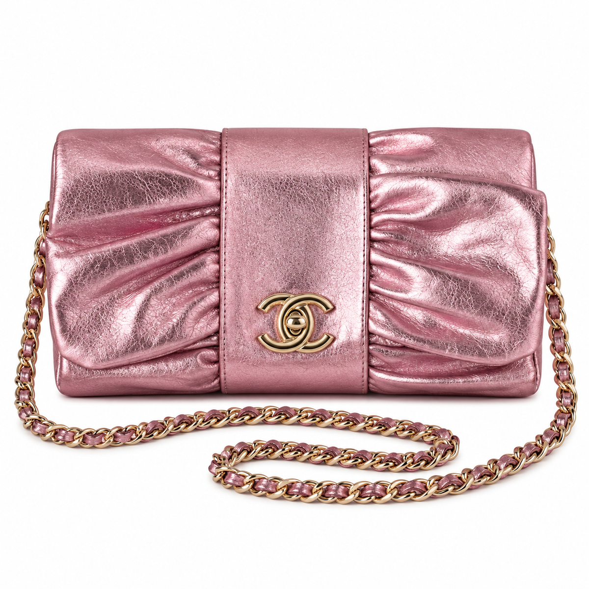 Chanel Ruched Metallic Crinkled Calfskin CC Flap Bag Rose Pink 22cm