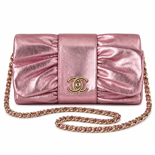 Chanel Ruched Metallic Crinkled Calfskin CC Flap Bag Rose Pink 22cm
