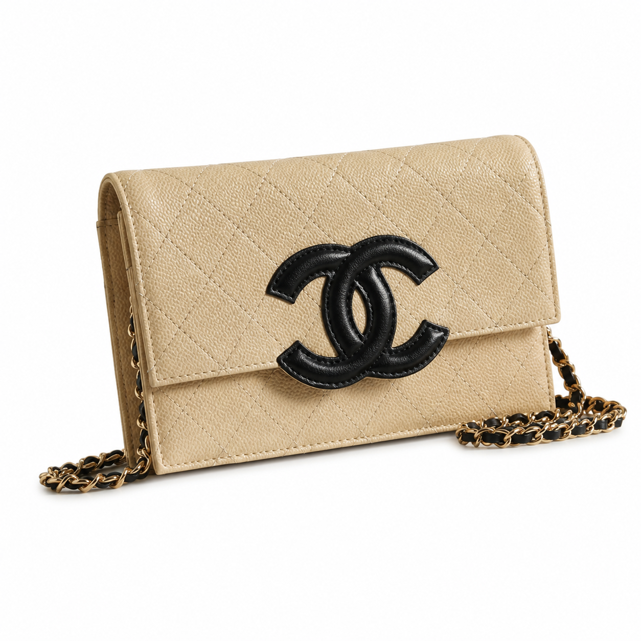 Chanel Beige Caviar WOC | Contrast Black CC & Black Chain — 19cm