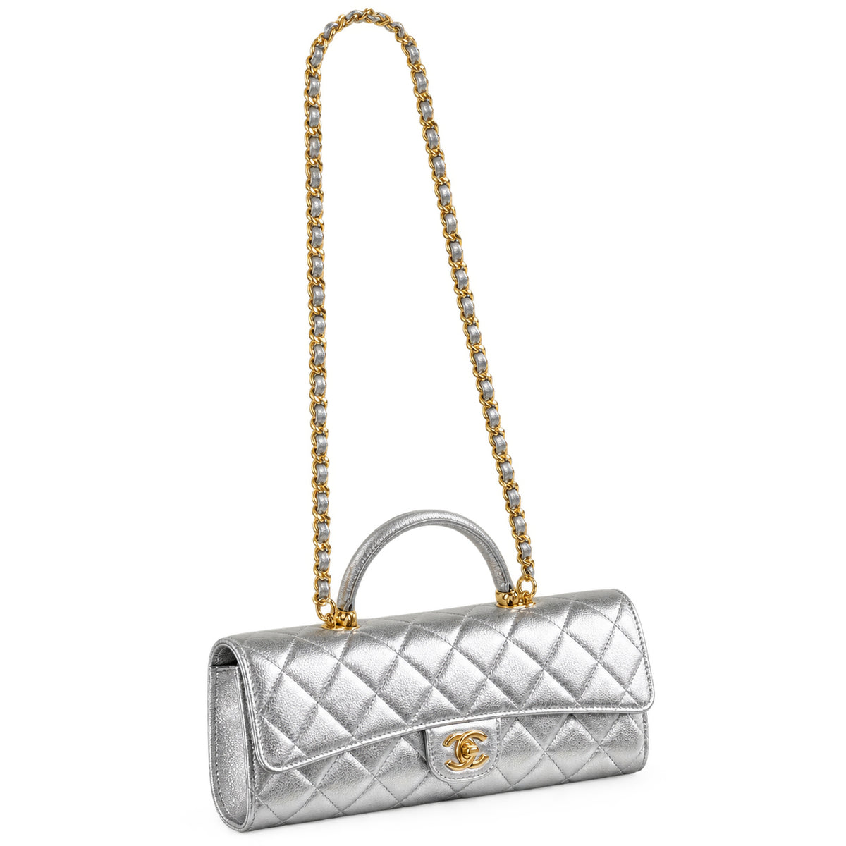 Chanel CC Quilted Cylindrical Flap Bag | Silver Metallic & Gold — 25cm