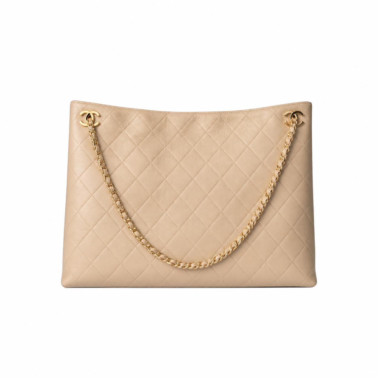 Chanel CC Diagonal Quilted Lambskin Tote | Beige & Gold Chain — 40cm