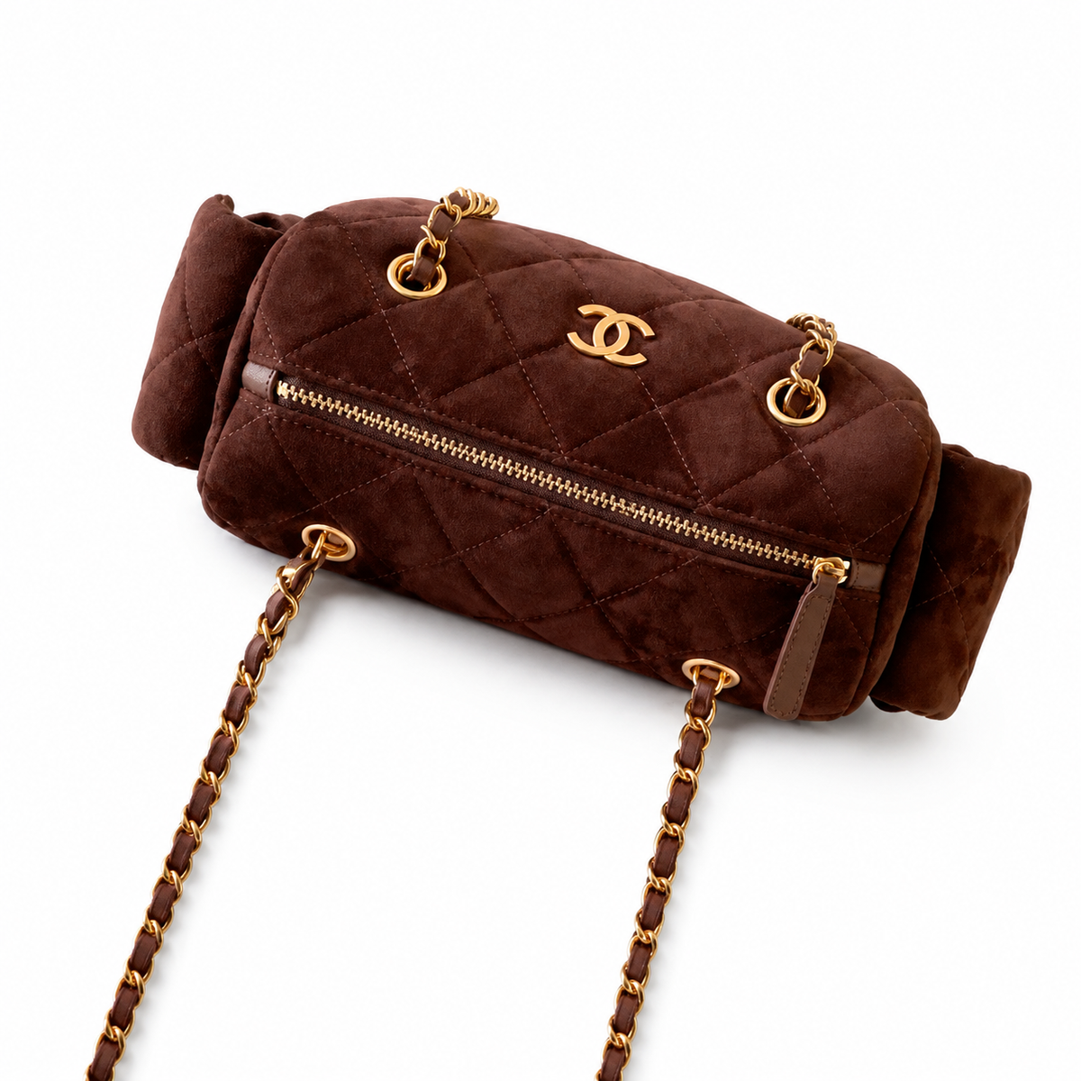 Chanel Deep Chocolate Brown Suede Quilted Camera Bag | Gold CC, Tonal Side Pockets & Double Chain with Brown Interlace