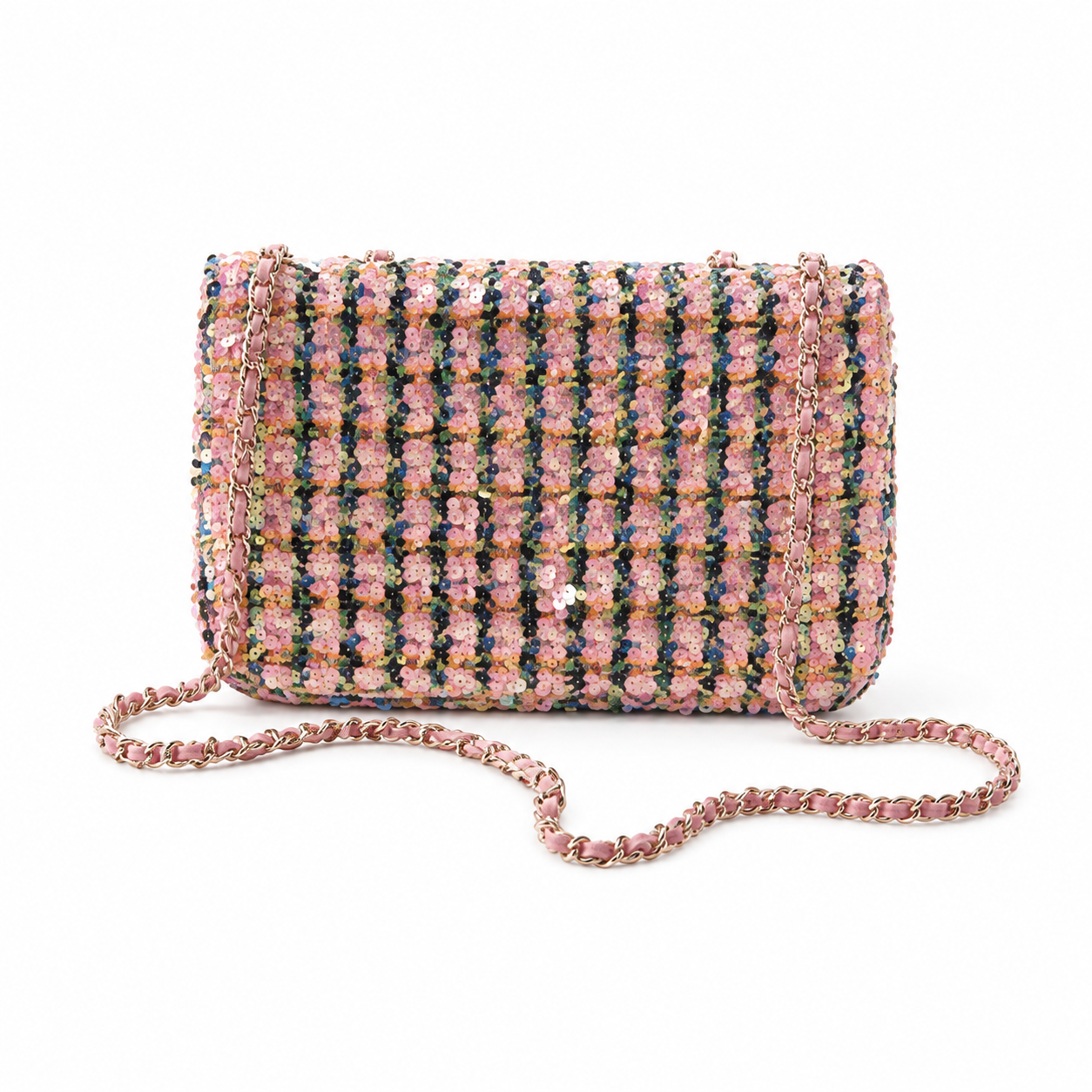Chanel Pink Tweed-Stripe Sequin Flap Bag | Rose Gold Chain, Gold Rectangular CC & Bright Pink Interior