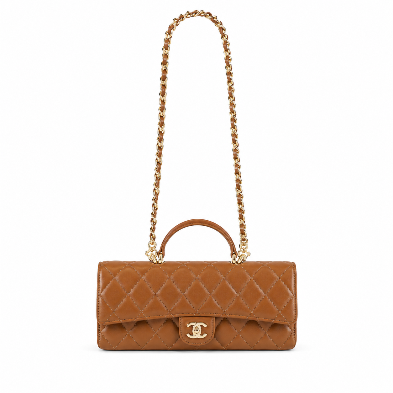 Chanel Caramel Lambskin Large-Quilted Elongated Flap Bag | Top Handle & Tonal Gold Chain