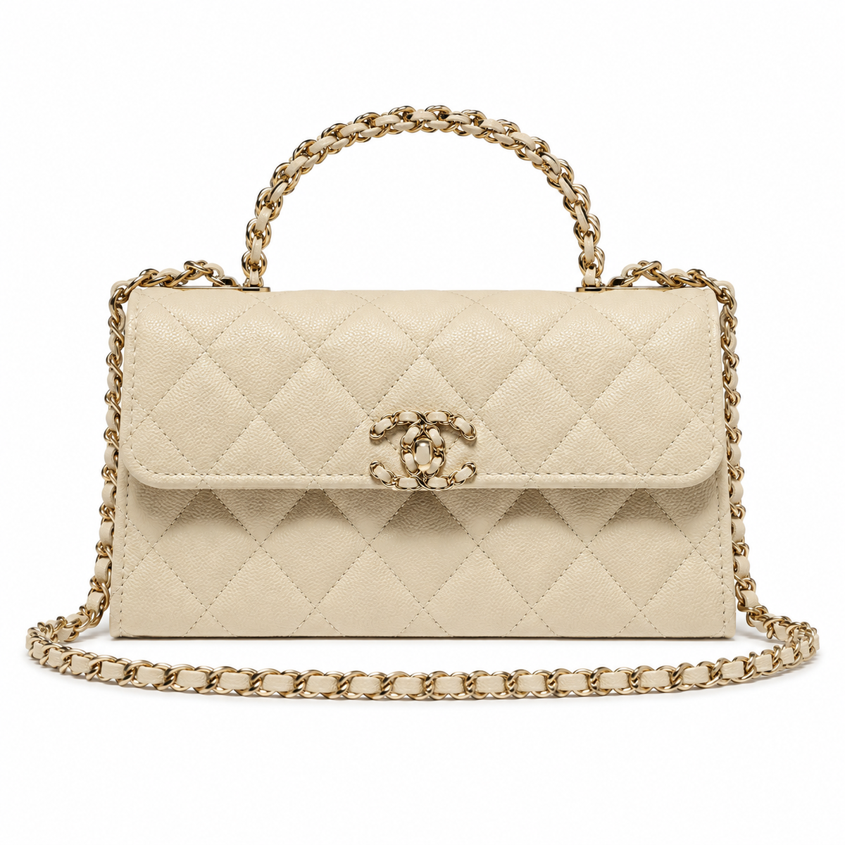 Chanel Ivory Cream Fine-Grain Quilted Mini Top Handle Flap Bag | Gold Chain-Texture CC Turn-Lock & Tonal Ivory Chain