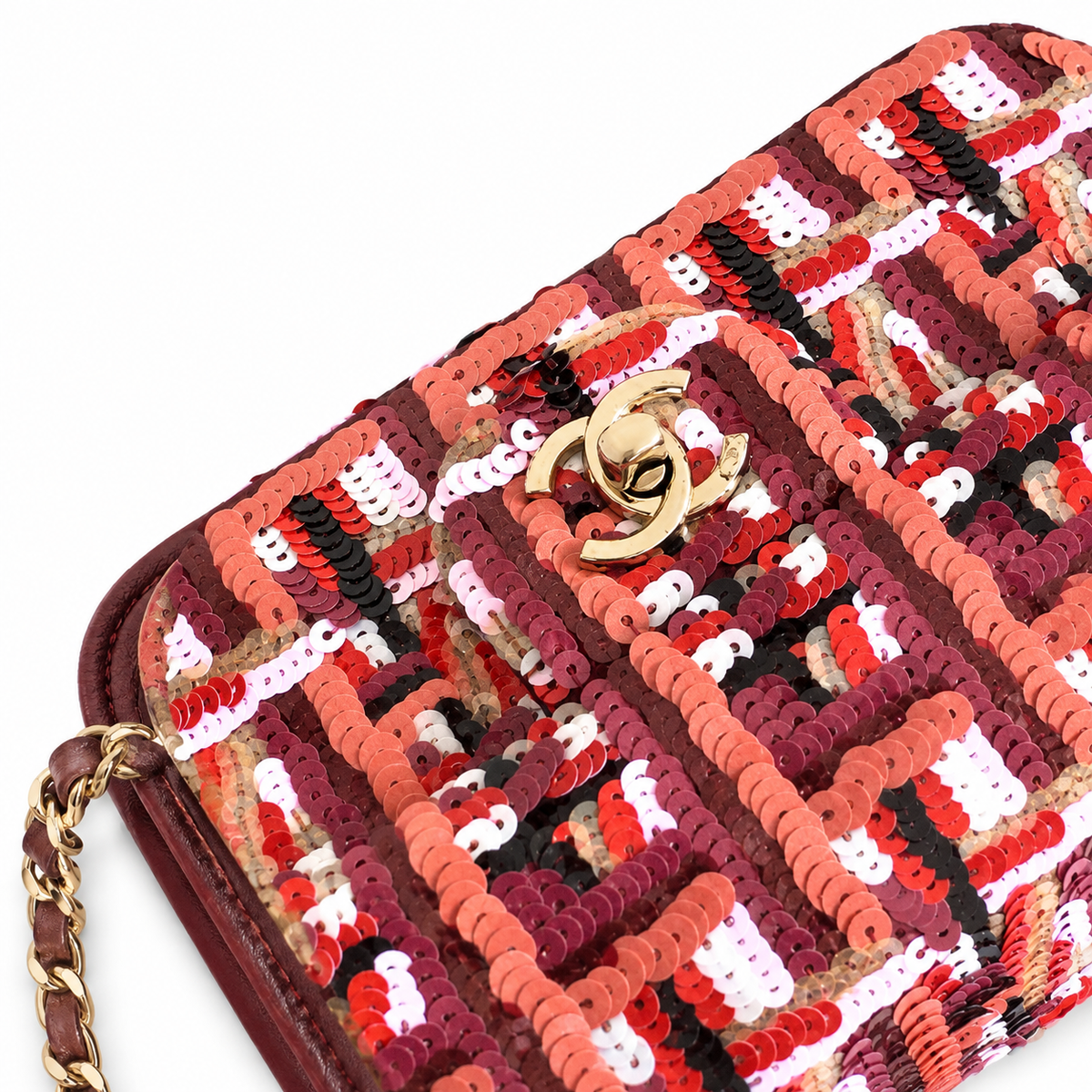 Chanel Red Tweed-Check Sequin & Burgundy Leather Flap Bag | Two-State Design, Gold CC & Full Burgundy Interior