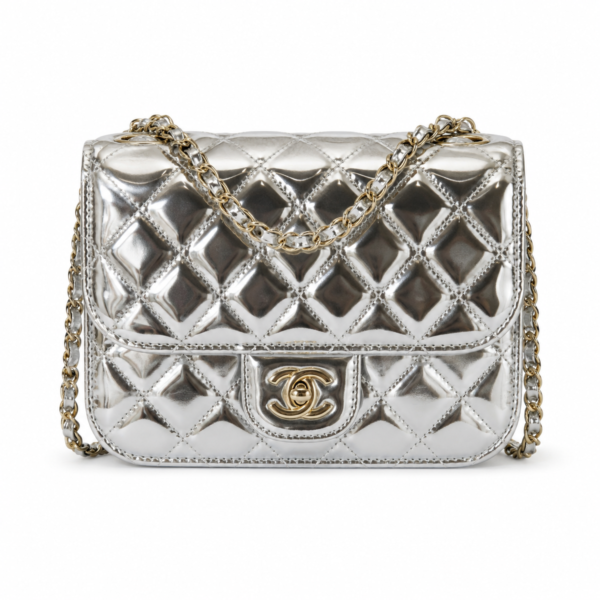 Chanel Mirror Metallic Quilted Flap Bag | CC Turn-Lock Silver Chain — 15x20cm