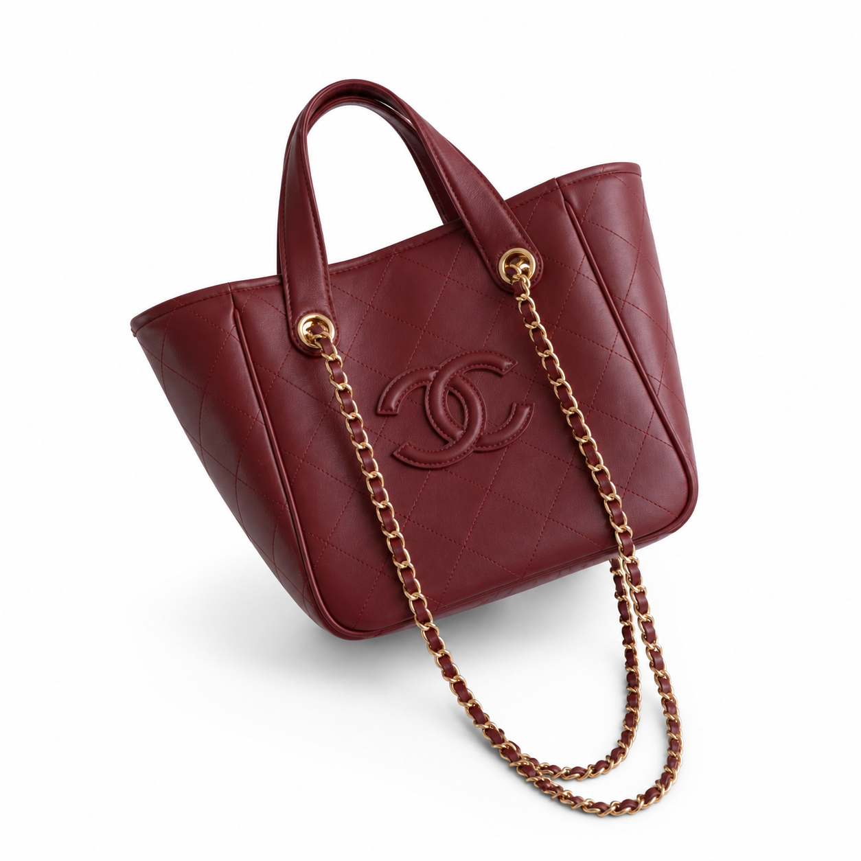 Chanel Small Shopping Tote Deep Burgundy Quilted Caviar Leather | Embossed CC Logo — 21cm