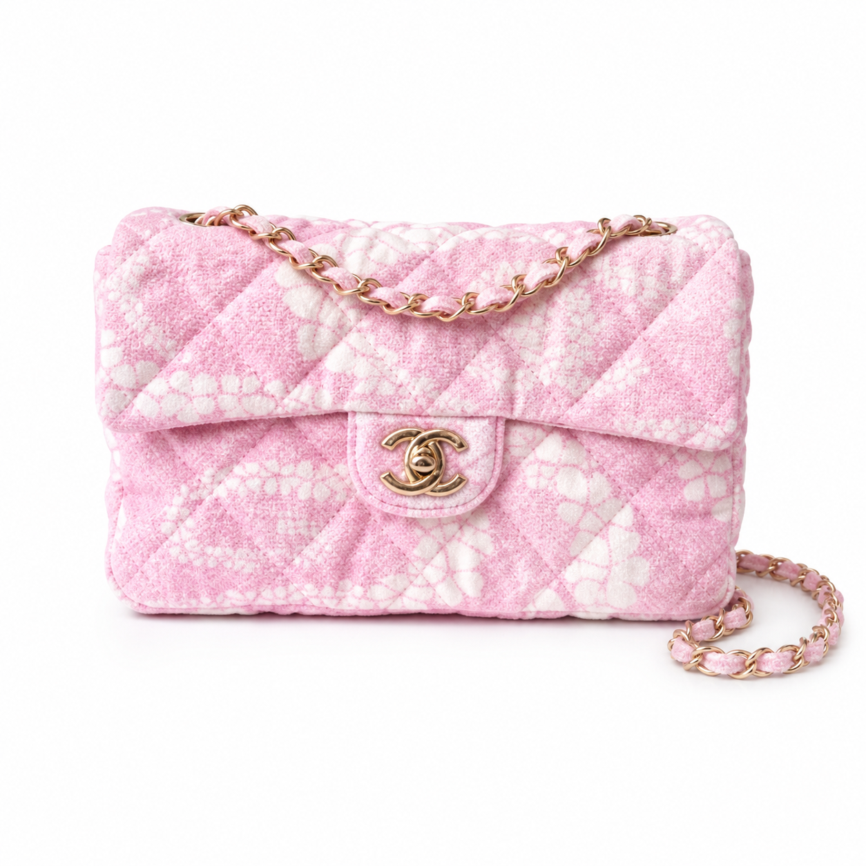 Chanel Pink & White Floral Tweed Bouclé Small Classic Flap Bag | Gold CC Turn-Lock, Rose Gold Chain & Tonal Pink Lining