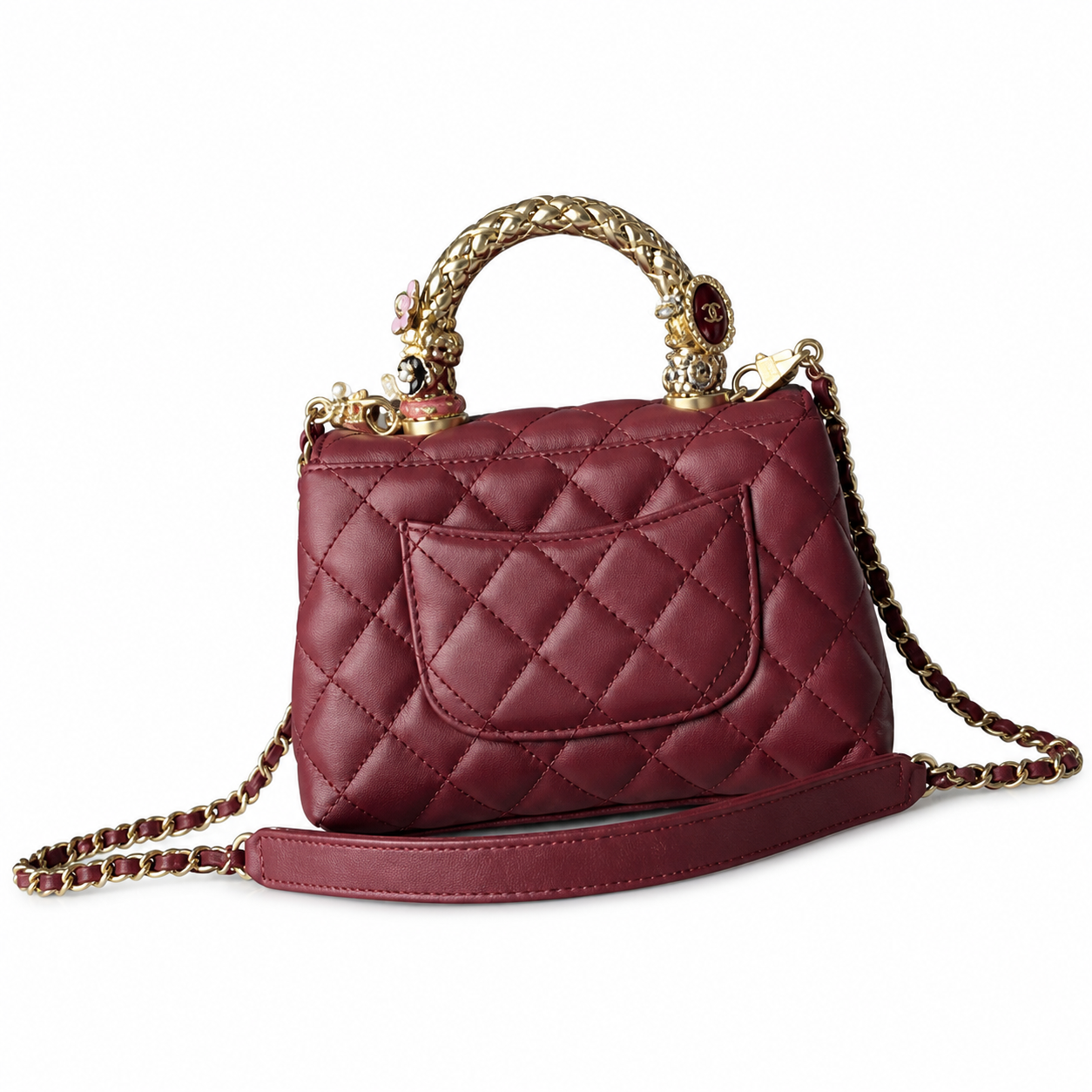 Chanel Burgundy Quilted Lambskin Mini Flap | Camellia Charm Jeweled Handle — 19cm