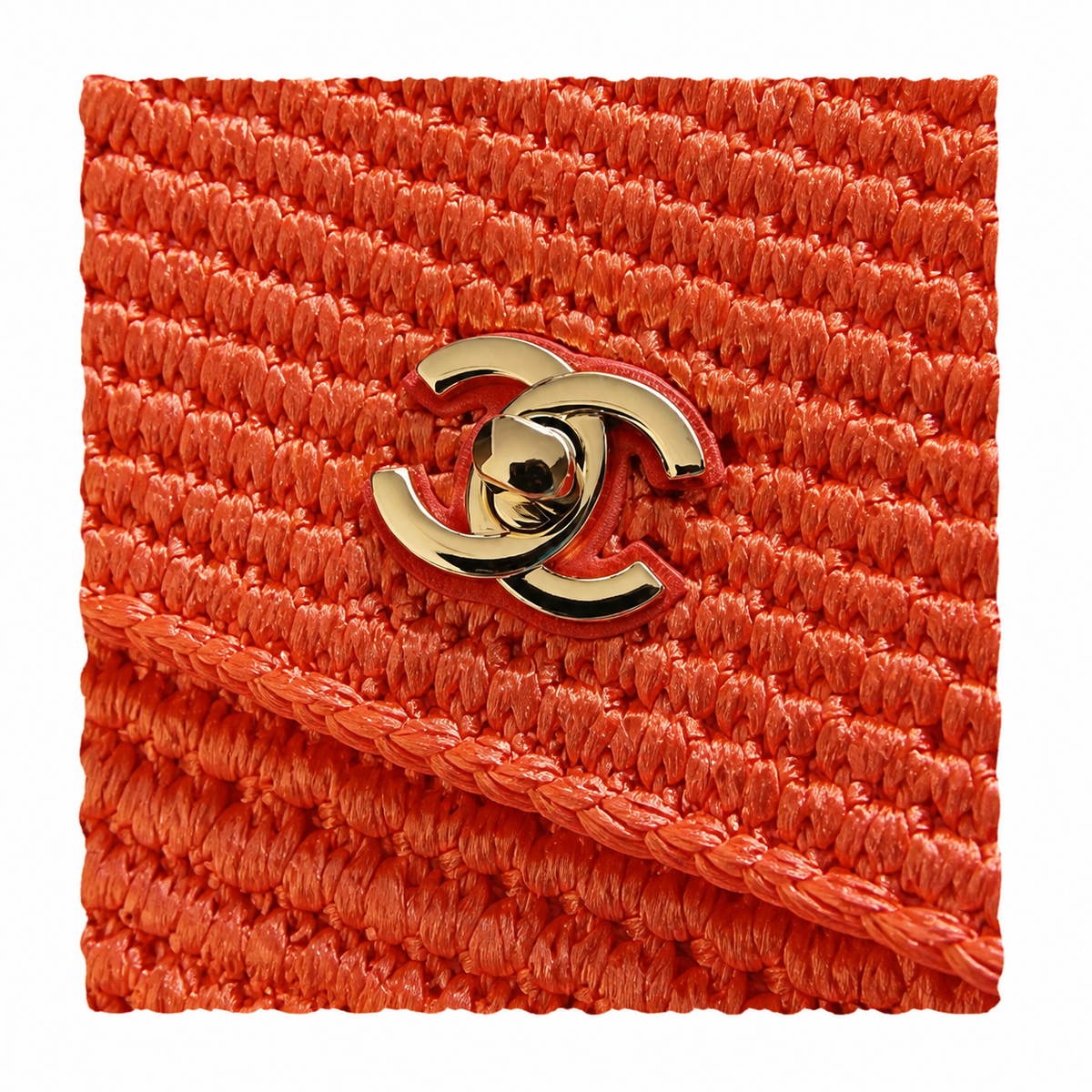 Chanel CC Raffia Woven Flap Bag | Orange-Red & Gold Chain — 25cm