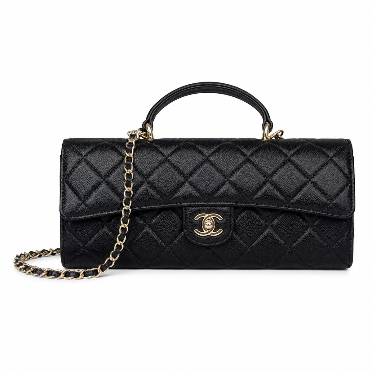Chanel Black Vintage-Effect Diamond-Quilted Lambskin Elongated Flap Bag | Top Handle & Tonal Chain