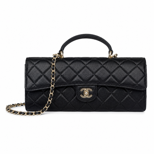 Chanel Black Vintage-Effect Diamond-Quilted Lambskin Elongated Flap Bag | Top Handle & Tonal Chain