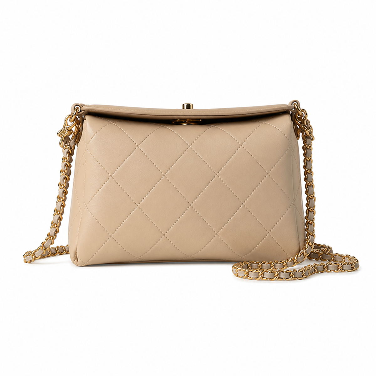 Chanel Beige Quilted Lambskin Top Handle Crossbody | Gold CC & Burgundy Interior — 23cm