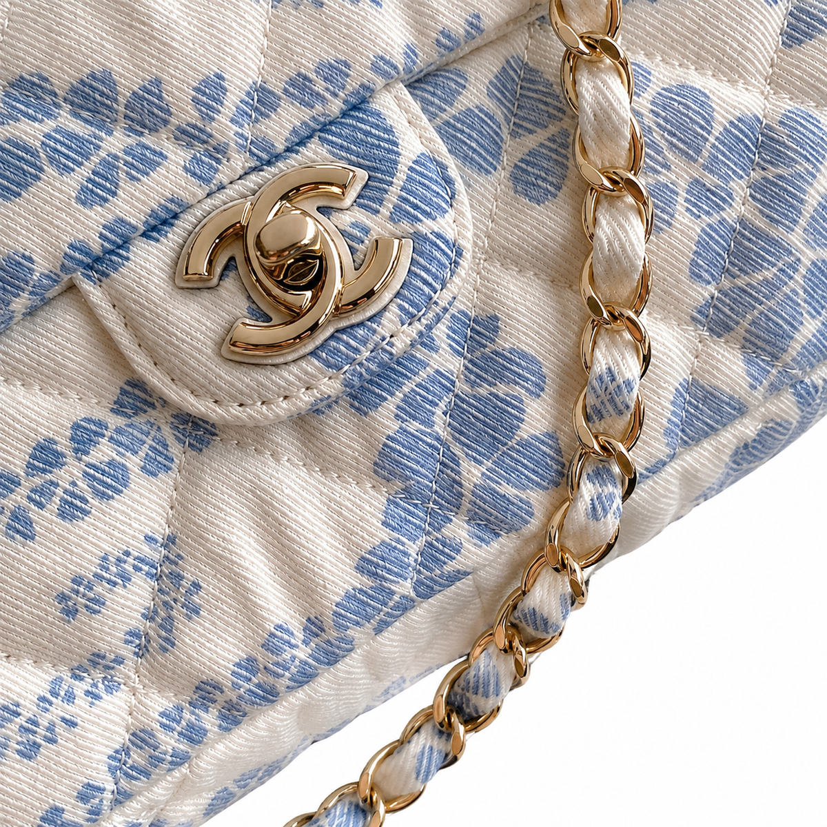 Chanel White & Powder Blue Floral Twill Jacquard Small Classic Flap Bag | Matching Floral Interior, Gold CC Turn-Lock & White Fabric Chain